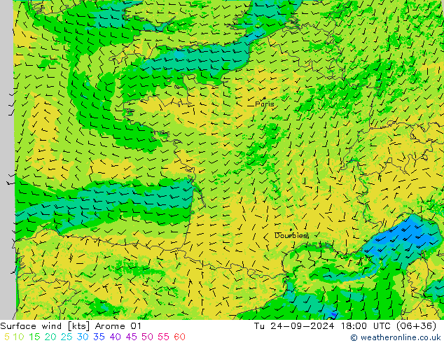 Surface wind Arome 01 Út 24.09.2024 18 UTC