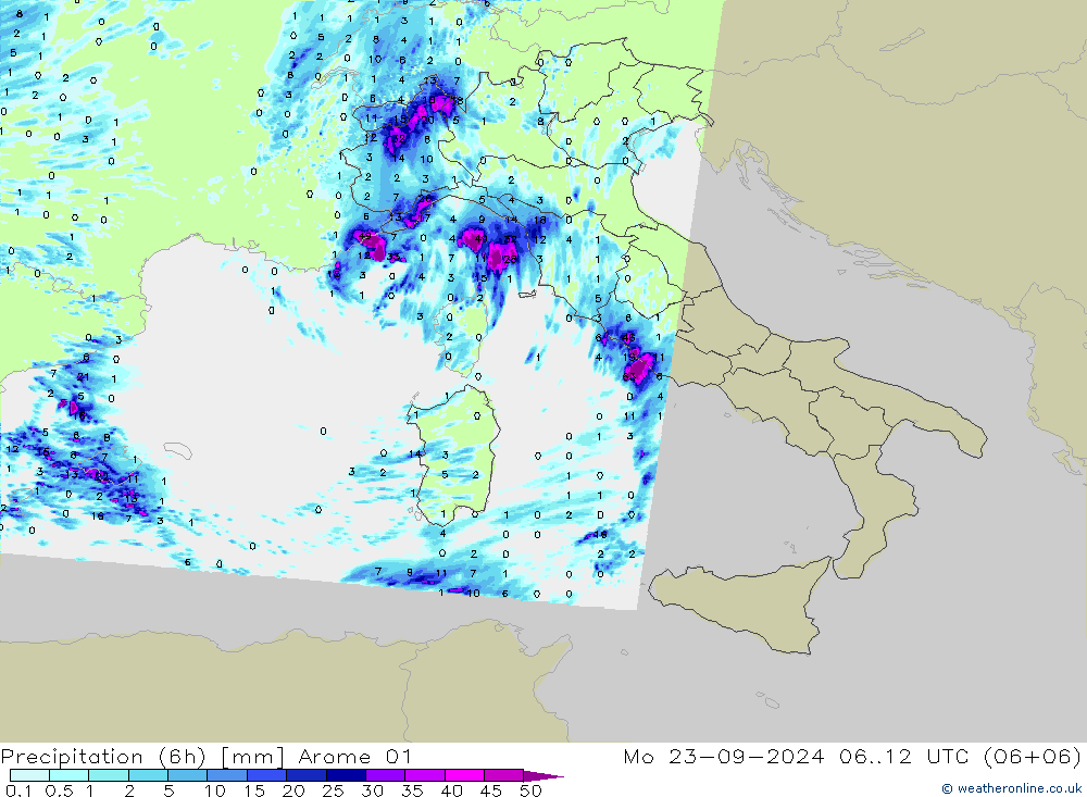 Precipitation (6h) Arome 01 Mo 23.09.2024 12 UTC