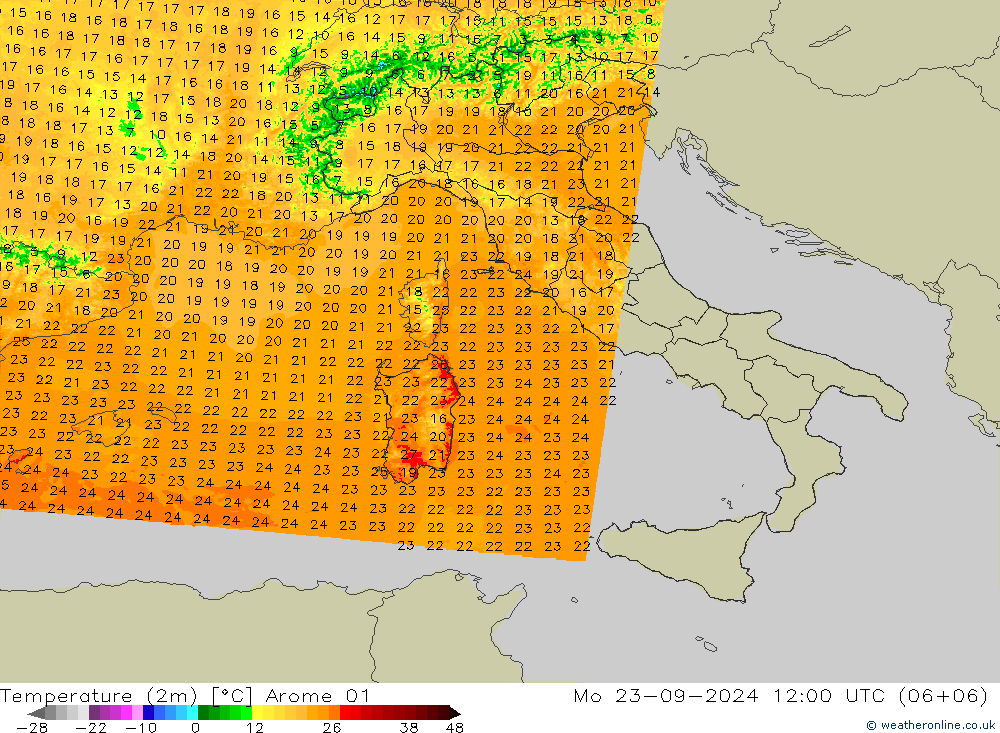 Temperatura (2m) Arome 01 lun 23.09.2024 12 UTC