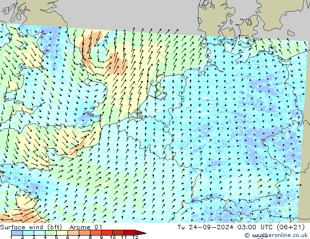 Surface wind (bft) Arome 01 Tu 24.09.2024 03 UTC