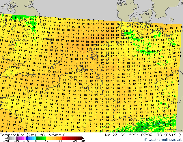 Temperature (2m) Arome 01 Mo 23.09.2024 07 UTC