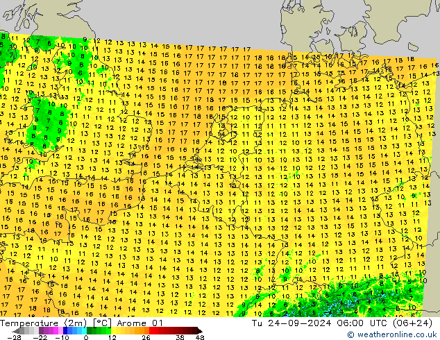 Temperatura (2m) Arome 01 Ter 24.09.2024 06 UTC