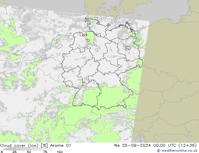 Cloud cover (low) Arome 01 We 25.09.2024 00 UTC