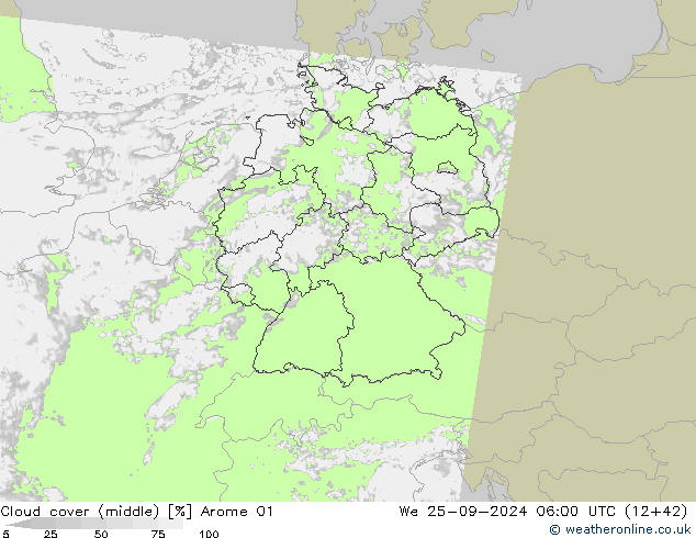 Cloud cover (middle) Arome 01 We 25.09.2024 06 UTC