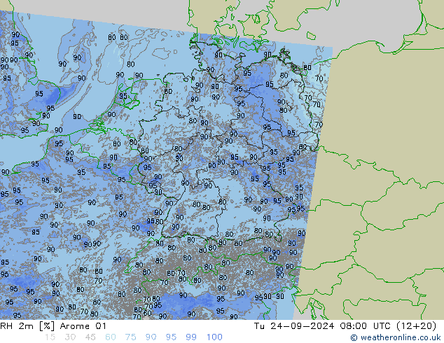 RH 2m Arome 01 вт 24.09.2024 08 UTC