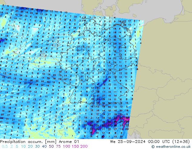 Precipitation accum. Arome 01 mer 25.09.2024 00 UTC