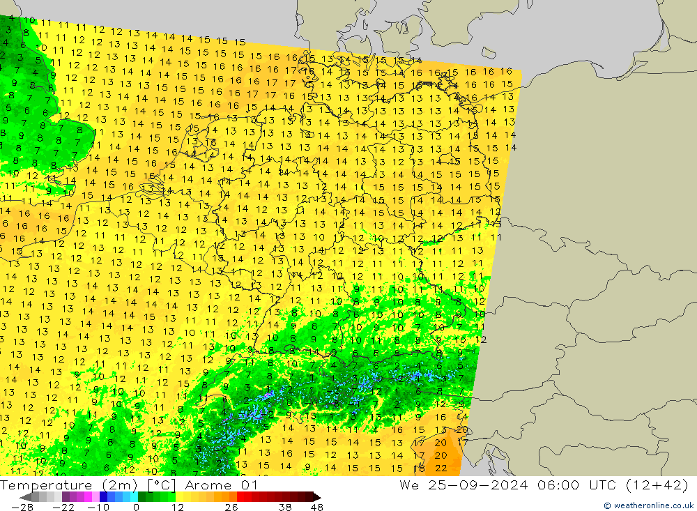 Temperature (2m) Arome 01 We 25.09.2024 06 UTC