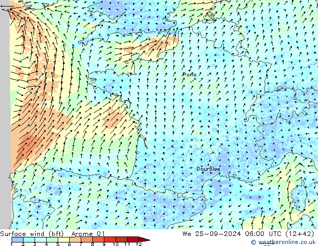 Viento 10 m (bft) Arome 01 mié 25.09.2024 06 UTC