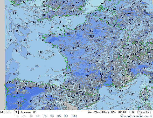 Humedad rel. 2m Arome 01 mié 25.09.2024 06 UTC