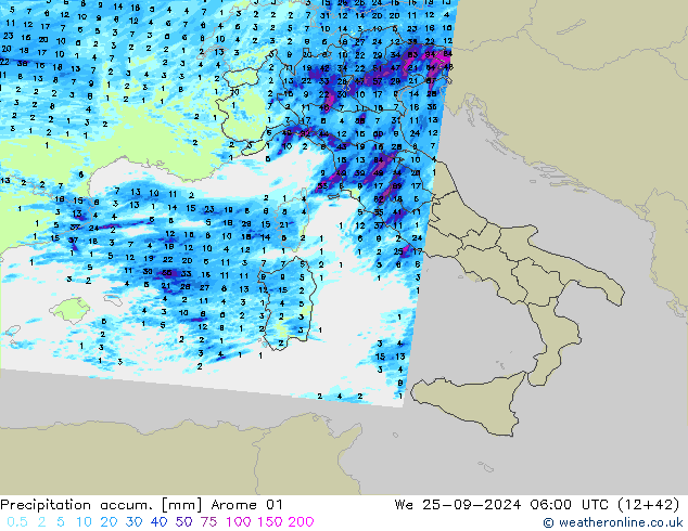 Precipitation accum. Arome 01  25.09.2024 06 UTC