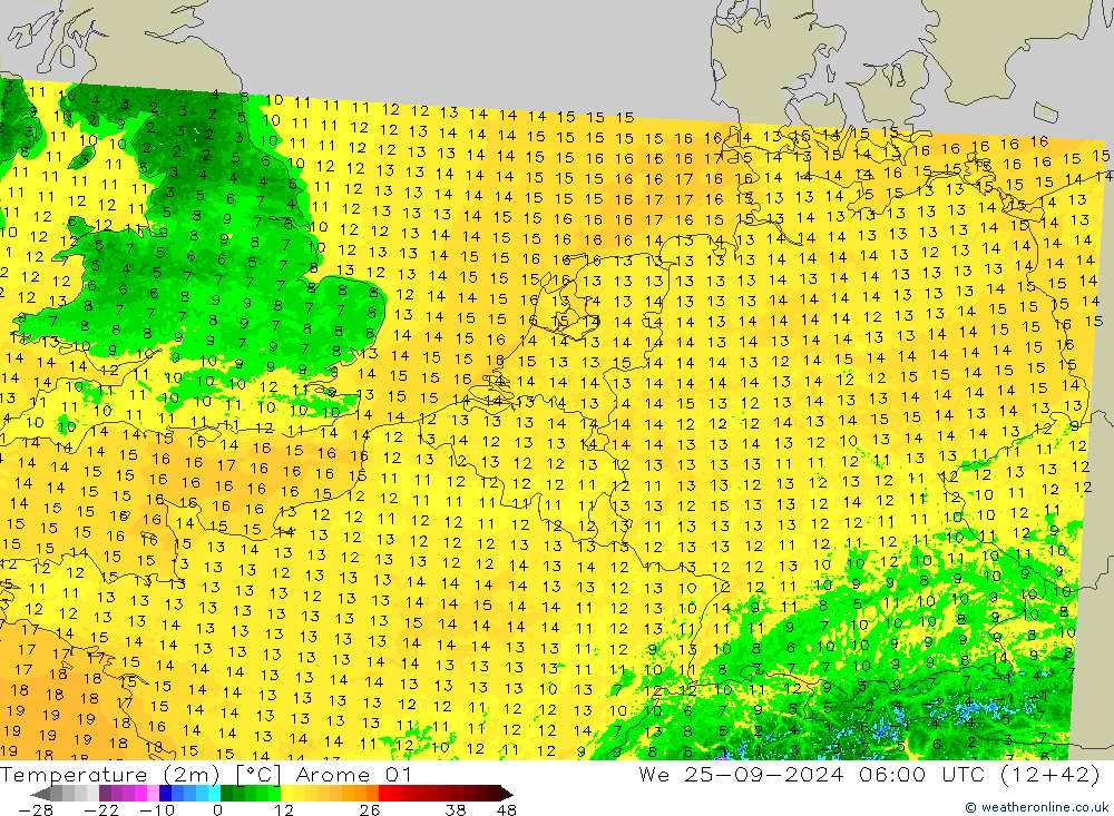 Temperature (2m) Arome 01 We 25.09.2024 06 UTC