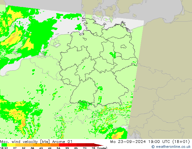 Max. wind snelheid Arome 01 ma 23.09.2024 19 UTC