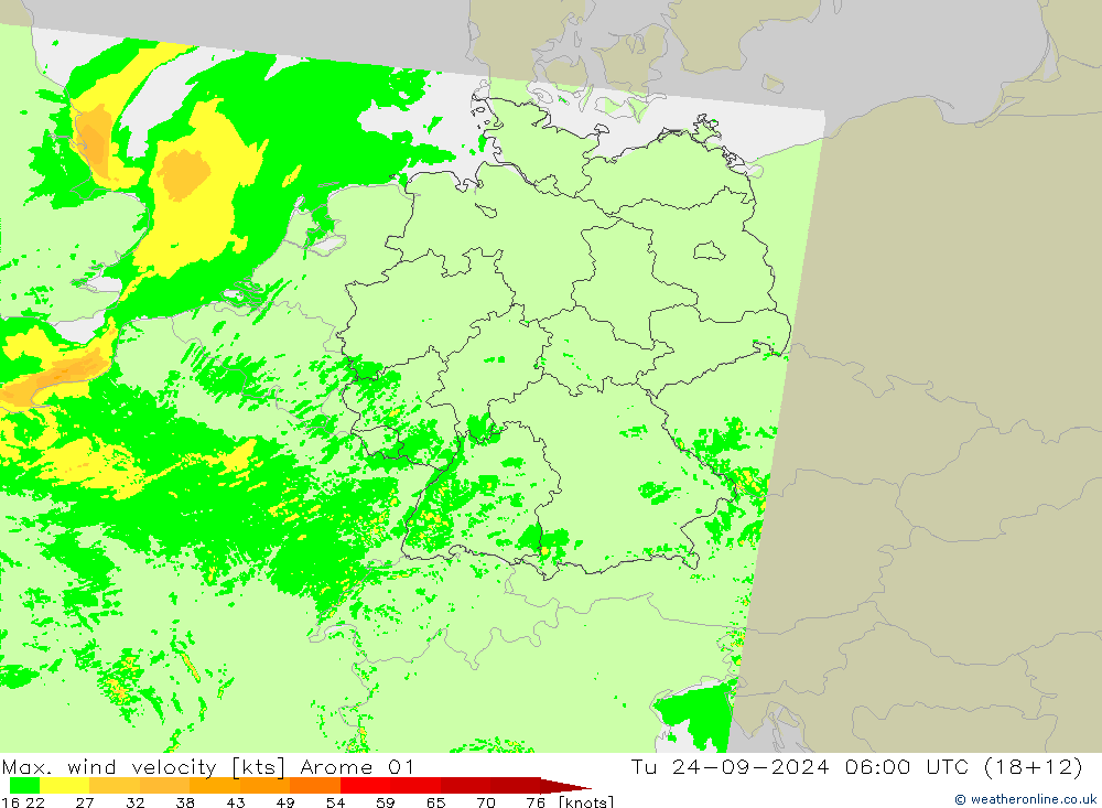 Max. wind velocity Arome 01 星期二 24.09.2024 06 UTC