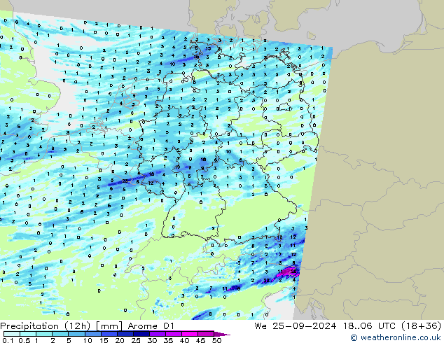 Precipitação (12h) Arome 01 Qua 25.09.2024 06 UTC