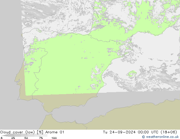 zachmurzenie (niskie) Arome 01 wto. 24.09.2024 00 UTC