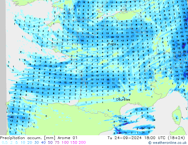 Totale neerslag Arome 01 di 24.09.2024 18 UTC