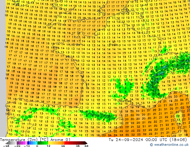 Temperatura (2m) Arome 01 mar 24.09.2024 00 UTC