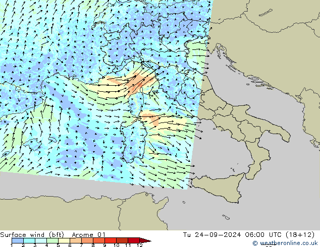 Surface wind (bft) Arome 01 Tu 24.09.2024 06 UTC