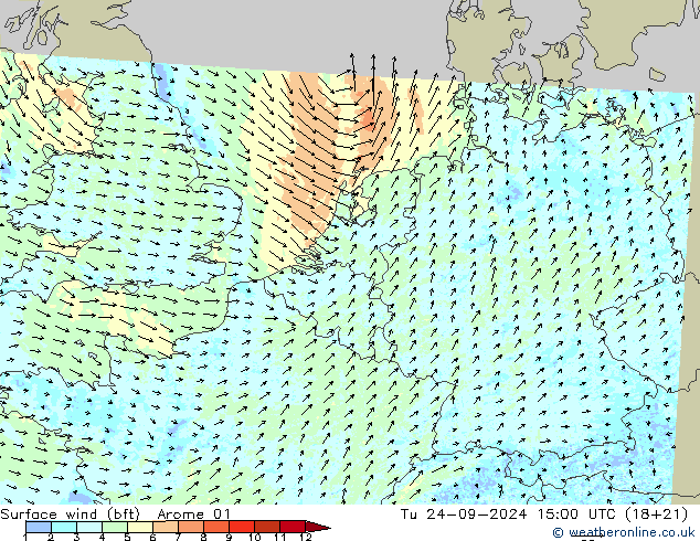 Bodenwind (bft) Arome 01 Di 24.09.2024 15 UTC