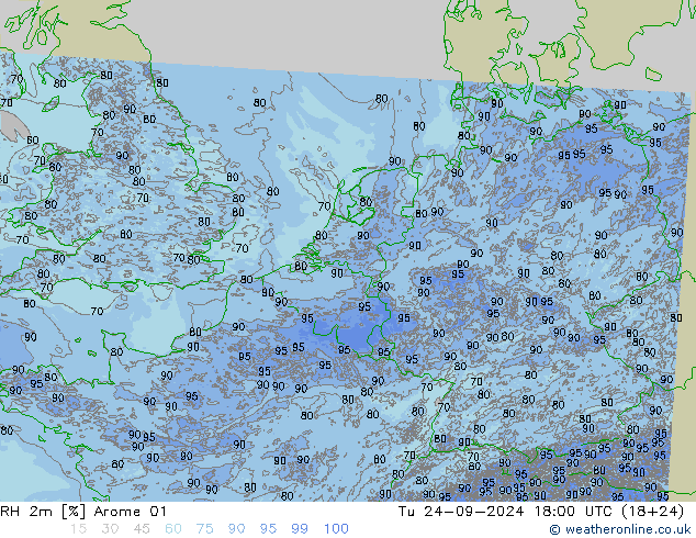 RH 2m Arome 01 Tu 24.09.2024 18 UTC