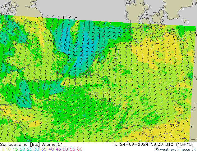 Vento 10 m Arome 01 Ter 24.09.2024 09 UTC