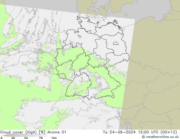 Cloud cover (high) Arome 01 Tu 24.09.2024 12 UTC