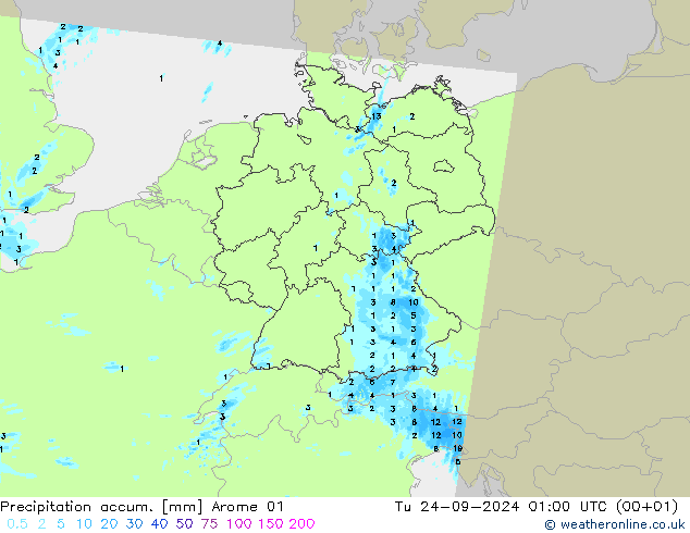 Totale neerslag Arome 01 di 24.09.2024 01 UTC