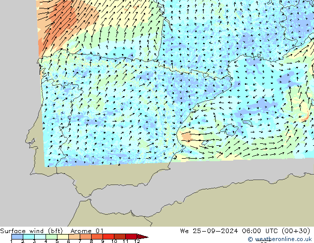 Viento 10 m (bft) Arome 01 mié 25.09.2024 06 UTC