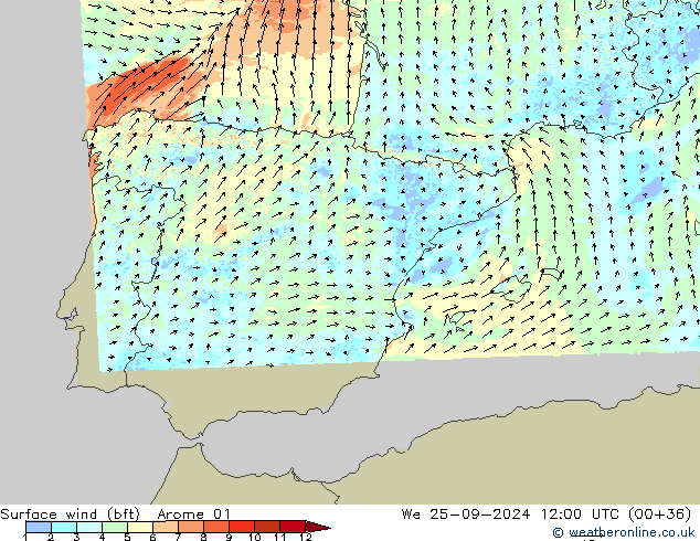 ве�Bе�@ 10 m (bft) Arome 01 ср 25.09.2024 12 UTC