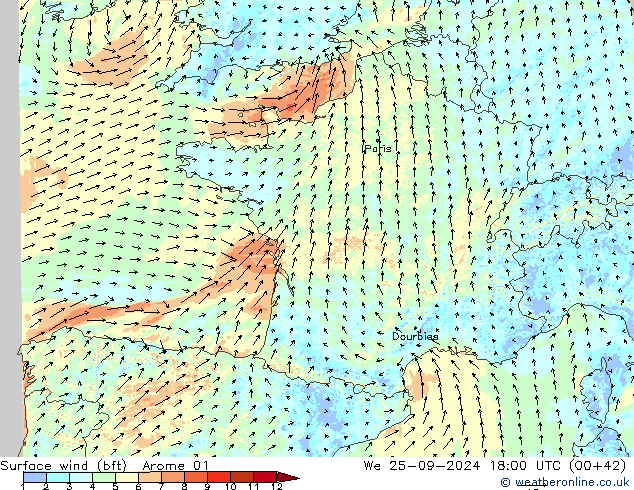 Bodenwind (bft) Arome 01 Mi 25.09.2024 18 UTC