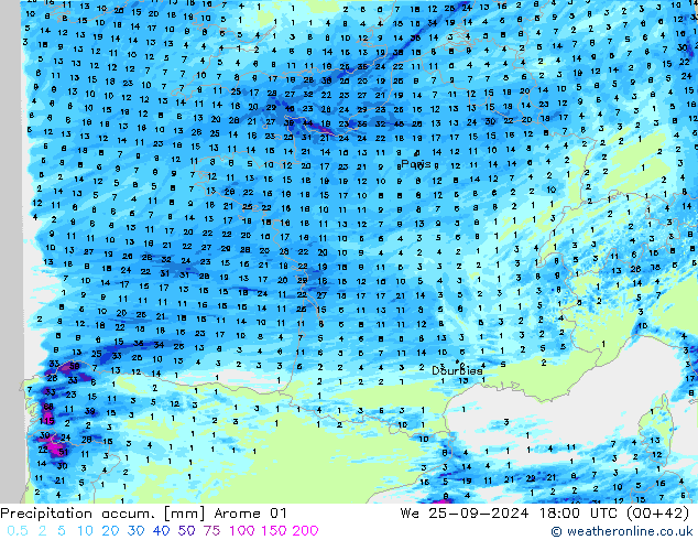 Precipitación acum. Arome 01 mié 25.09.2024 18 UTC