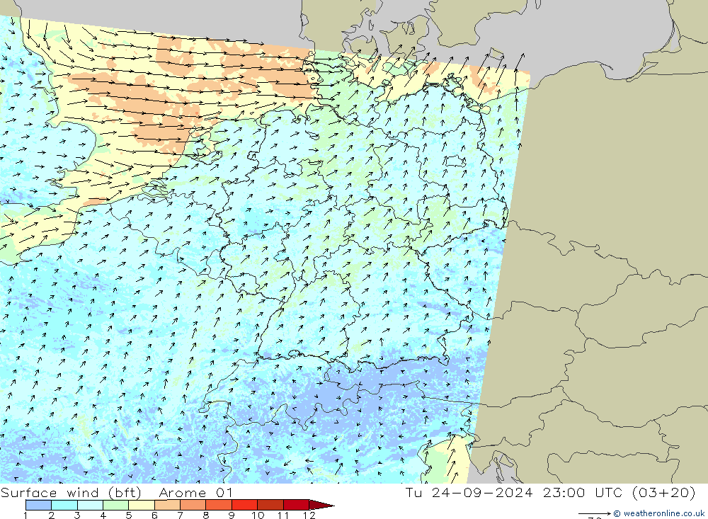 ве�Bе�@ 10 m (bft) Arome 01 вт 24.09.2024 23 UTC