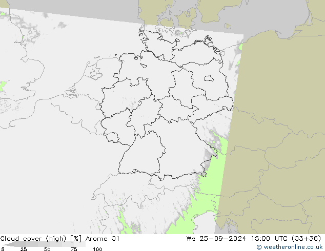 Cloud cover (high) Arome 01 We 25.09.2024 15 UTC