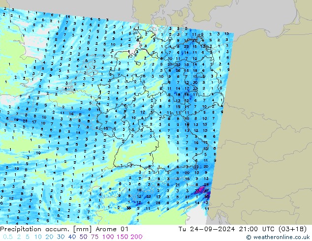 Precipitation accum. Arome 01 Út 24.09.2024 21 UTC