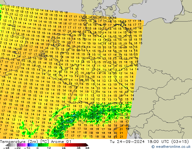 Temperatuurkaart (2m) Arome 01 di 24.09.2024 18 UTC