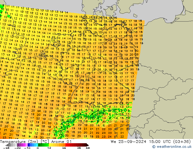 Temperatura (2m) Arome 01 Qua 25.09.2024 15 UTC