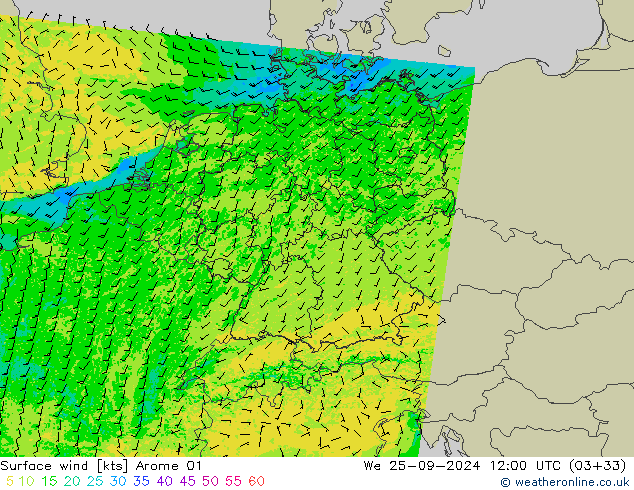 ветер 10 m Arome 01 ср 25.09.2024 12 UTC