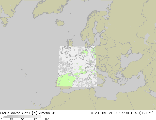 Cloud cover (low) Arome 01 Tu 24.09.2024 04 UTC