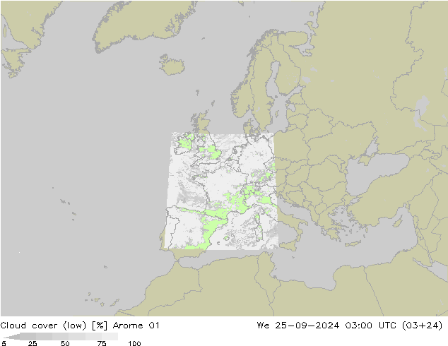 Cloud cover (low) Arome 01 We 25.09.2024 03 UTC