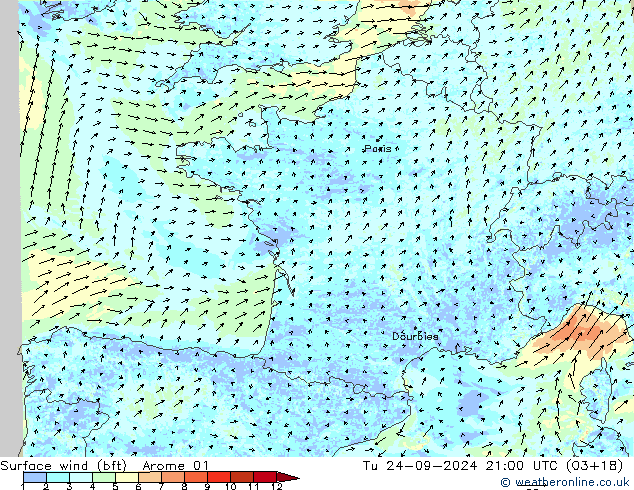 Vent 10 m (bft) Arome 01 mar 24.09.2024 21 UTC