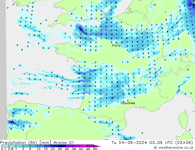 Precipitation (6h) Arome 01 Tu 24.09.2024 09 UTC