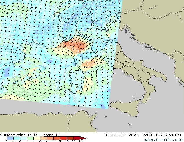 Surface wind (bft) Arome 01 Tu 24.09.2024 15 UTC