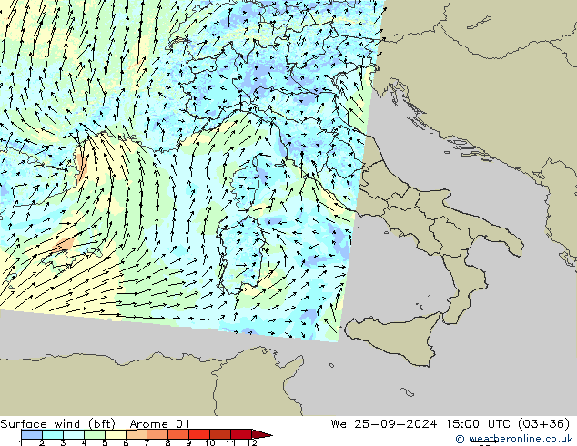 Vent 10 m (bft) Arome 01 mer 25.09.2024 15 UTC