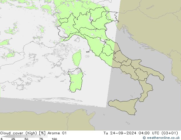 Cloud cover (high) Arome 01 Tu 24.09.2024 04 UTC