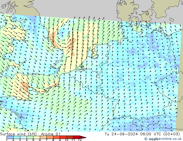 Viento 10 m (bft) Arome 01 mar 24.09.2024 06 UTC