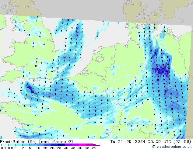 Yağış (6h) Arome 01 Sa 24.09.2024 09 UTC