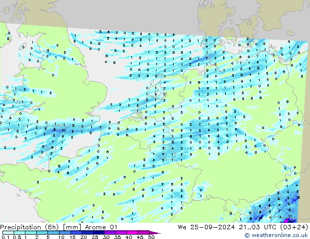 Précipitation (6h) Arome 01 mer 25.09.2024 03 UTC