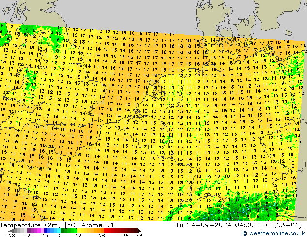 Temperatura (2m) Arome 01 mar 24.09.2024 04 UTC