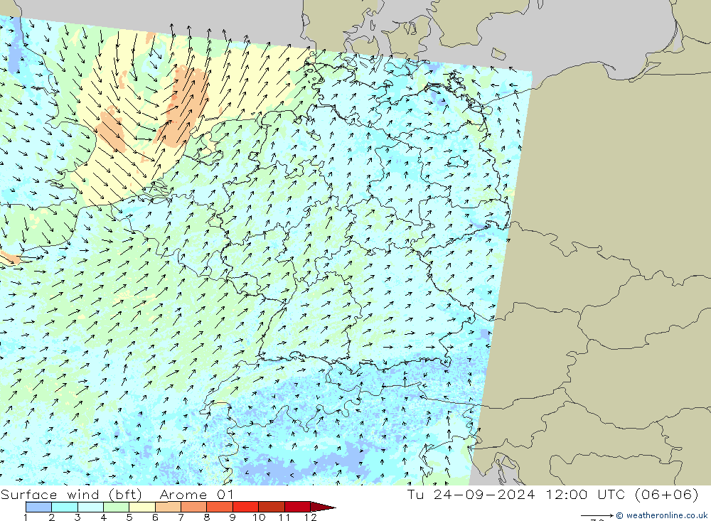 Surface wind (bft) Arome 01 Tu 24.09.2024 12 UTC