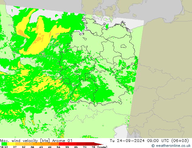 Max. wind velocity Arome 01 Tu 24.09.2024 09 UTC